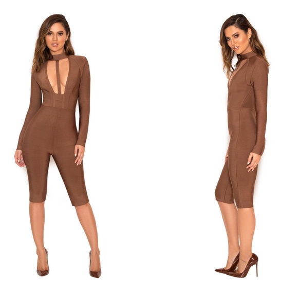 House Of CB, 'Comelle' Brown Bandage Knee Length Jumpsuit, Size L - Picture 2 of 9